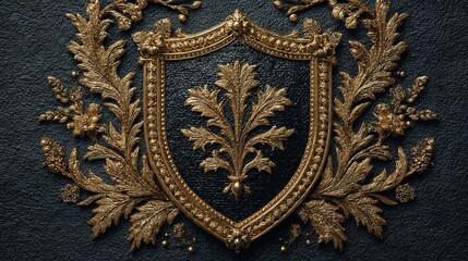 Ornate Golden Shield with Laurel Wreath and Fleur-de-lis Decoration on Dark Background
