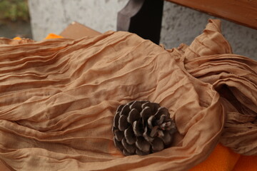 Light brown fabric and pine cone on a wooden table in a natural setting during daylight hours