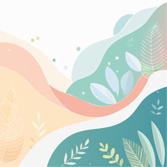 A gentle abstract landscape unfolds with flowing organic shapes and subtle plant motifs.