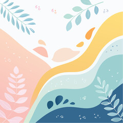 An abstract landscape illustration features soft pastel waves and delicate leafy branches.