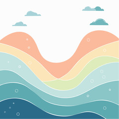 A wavy, abstract landscape is depicted with a flowing, colorful gradient and minimalist clouds.