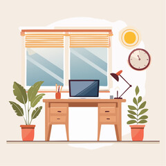 A cozy home office is depicted with a wooden desk, laptop, plants, and a visible clock.