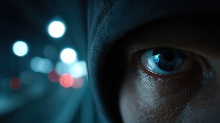 Dramatic Close up of Human Eye Reflecting City Light Scenery