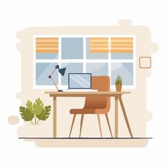 A minimalist office desk setup is illustrated with a laptop, lamp, and potted plants.
