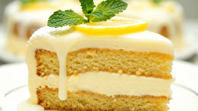 Lemon Layer Cake Slice with Cream Cheese Frosting - A close-up shot shows a slice of lemon layer cake with cream cheese frosting, drizzled with icing and garnished with a lemon slice and fresh mint.