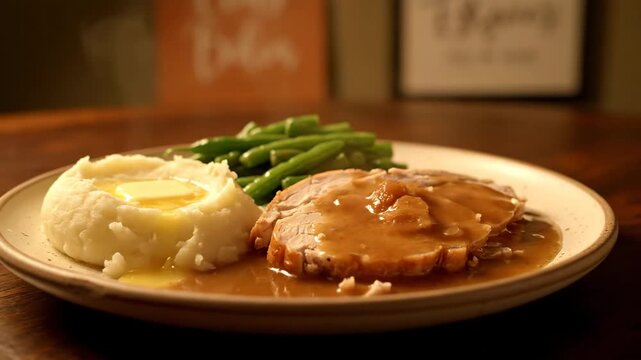 Delicious Holiday Dinner Plate - A plate filled with roast turkey covered in gravy, mashed potatoes topped with a pat of butter, and steamed green beans.