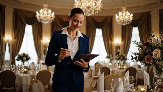 Elegant Event Planner Inspecting Ballroom - A poised event planner in a blue suit carefully reviews her clipboard while standing in a beautifully decorated ballroom.