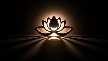 Glowing lotus flower sculpture in dark room with radiant light