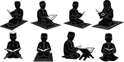 Children and adults reading, Islamic study, prayer mat posture, traditional attire, religious devotion, cultural learning, cad drawing flat vector illustration