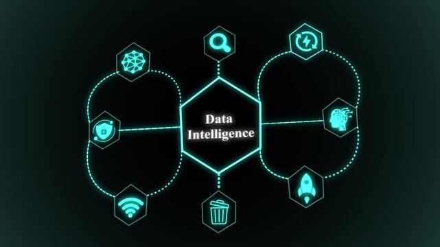 Data intelligence system design with connected analytics nodes, centralized digital hub, intelligent processing logic, and scalable network framework.