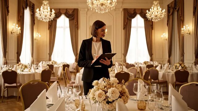 Event Planner Preparing for Wedding Reception - An event planner is seen reviewing the setup for a wedding reception in a luxurious ballroom.