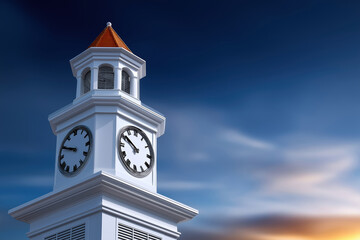Clock tower stands against the evening sky in the city
