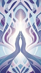 Serene hands in prayer with glowing light and abstract purple blue background
