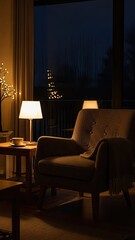 Cozy living room at night with warm chair and lamp light
