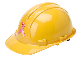Yellow hard hat with pink breast cancer awareness ribbon for workplace support