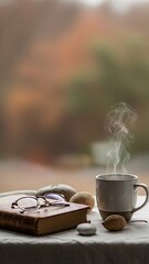 Cozy morning scene with steaming coffee and book by window