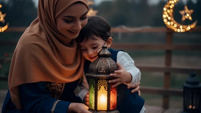 Woman and boy hold a colorful lantern for an Islamic holiday celebration, digital compositing for tradition and joy