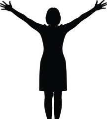 Back View Silhouette of a Successful Woman Standing with Open Arms Expressing Freedom and Joy Against a Clean White Background