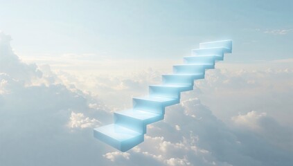 Glowing translucent stairs ascending through soft clouds into a bright blue sky, symbolizing progress, growth, success, and the journey toward future goals in a surreal minimalist style.