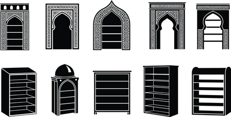Islamic arch design, bookshelf silhouette, architectural furniture, cultural decor, geometric pattern, interior element, traditional style, cad drawing flat vector illustration