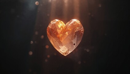 A glowing faceted crystal heart floating in darkness, illuminated by warm light rays, symbolizing love, value, emotion, and luxury in a surreal, mystical and elegant concept.