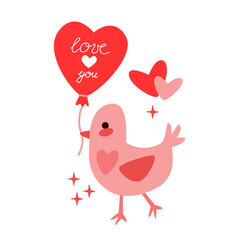 Adorable Bird Holding Heart Balloon with Love You Text, Cute Valentine Vector Design