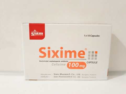 Ditzingen, Germany - December 20, 2025: Downtown  This is a small pack of the antibiotic Sixime.It's used for infections like sexual transmitted diseases.