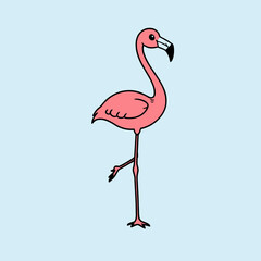 Fototapeta premium A vibrant pink flamingo stands on one leg against a soft blue background in a simple illustration style