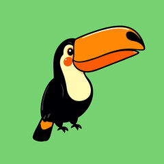 Obraz premium Vector illustration of a toucan standing on a green background, viewed from the side.