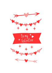 Charming Valentine Card Be My Valentine with Hearts Arrows and Love Banners, Romantic Red and Pink Vector Designs