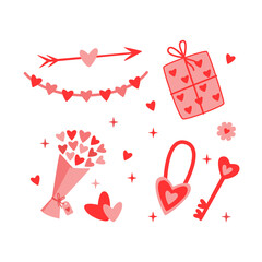 Valentine&rsquo;s Day Love Symbols Set, Pink and Red Romantic Icons, Wedding and Romance Vector