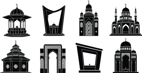 Islamic architecture silhouettes, mosque domes, minarets, Mughal style, religious buildings, cultural heritage, crescent moon, arches, ornamental windows, sacred design