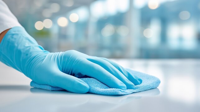 Cleaning, disinfection, and hygiene shown through gloved hands wiping a smooth surface in a professional environment. health safety, infection prevention and cleaning services