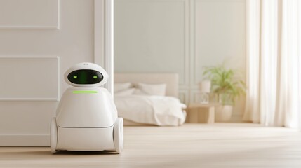 Autonomous service robot positioned inside residential space. Artificial intelligence supports domestic assistance and monitoring. Smart home robotics integrates daily household operations