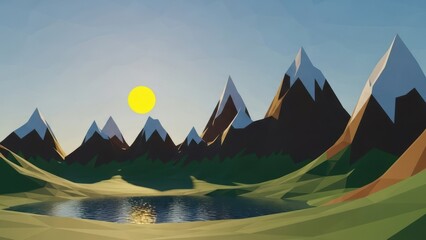 Majestic expansive landscape with towering mountains, tranquil lake, and radiant sunset over rolling green hills.