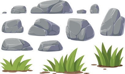 Grey stones and green grass tufts vector illustration set, garden rock elements for nature landscape design © MdMajnur