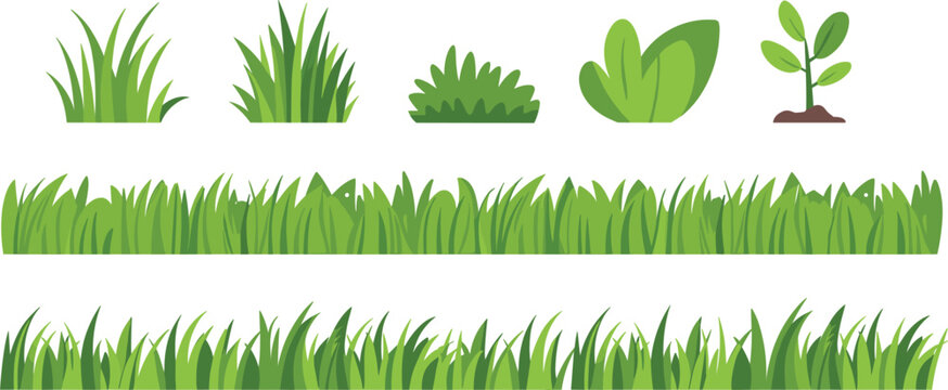 Green grass tufts and lawn borders vector illustration set, nature plant elements for garden and landscape