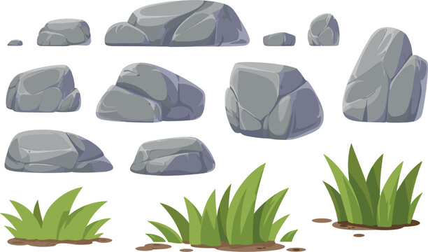 Grey stones and green grass tufts vector illustration set, garden rock elements for nature landscape design