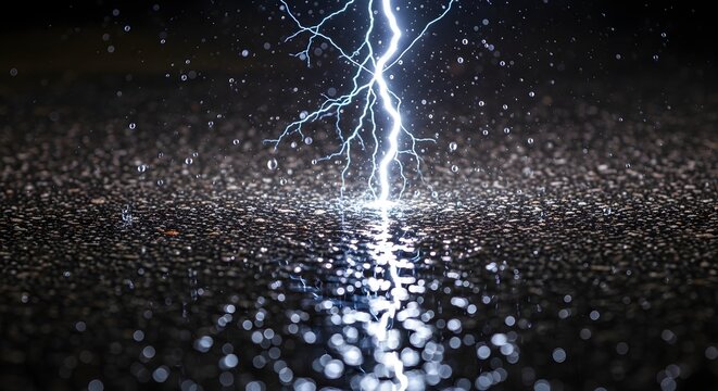 A bright lightning bolt strikes the wet ground on a stormy night with rain and hail