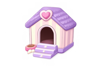 Pet house or doghouse with heart detail, cute cartoon pink and purple kennel illustration, transparent background