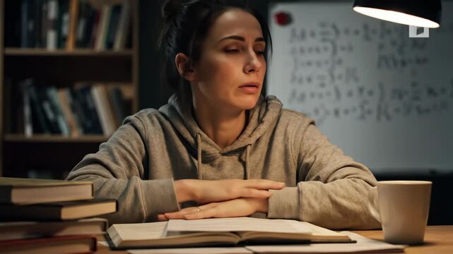 Frustrated Student Studying Late at Night - A young woman in a hoodie sits at a desk covered in books, looking stressed and holding her head.