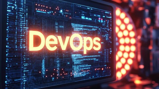 Multiple server rack monitors displaying DevOps code with illuminated hardware. Digital development and operation process visualization.