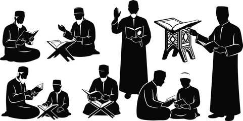Islamic study silhouette, religious teaching, traditional attire, Quran reading, cultural learning, spiritual devotion, educational scene, cad drawing flat vector illustration