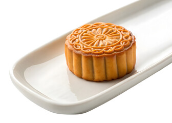 Traditional Chinese mooncake on a white plate for Mid-Autumn Festival celebration