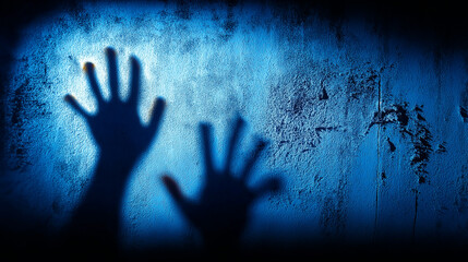 Shadow of Hands on Grunge Wall in Blue Light &mdash; Horror or Fear Concept