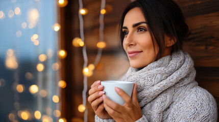 Cozy Winter Moment with Woman Holding a Cup of Hot Drink near Holiday Lights