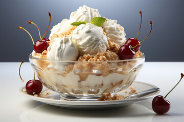 Vanilla ice cream scoops with cherries mint and crunchy topping served in a clear glass bowl on a white background as a clean elegant dessert concept