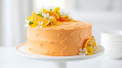 A beautifully decorated orange cake with fresh citrus and delicate flowers