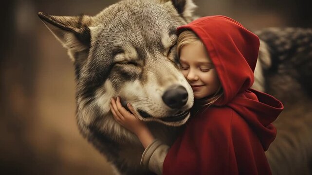 Girl in red cape hugging a large wolf with eyes closed in a moment of tender connection and comfort