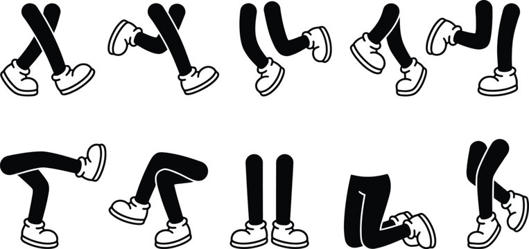 Cartoon mascot legs and foots, cartoon vector walking feet vector, retro cartoon legs and hands. vintage hand, foot, placement of hands and feet. body parts mascot
